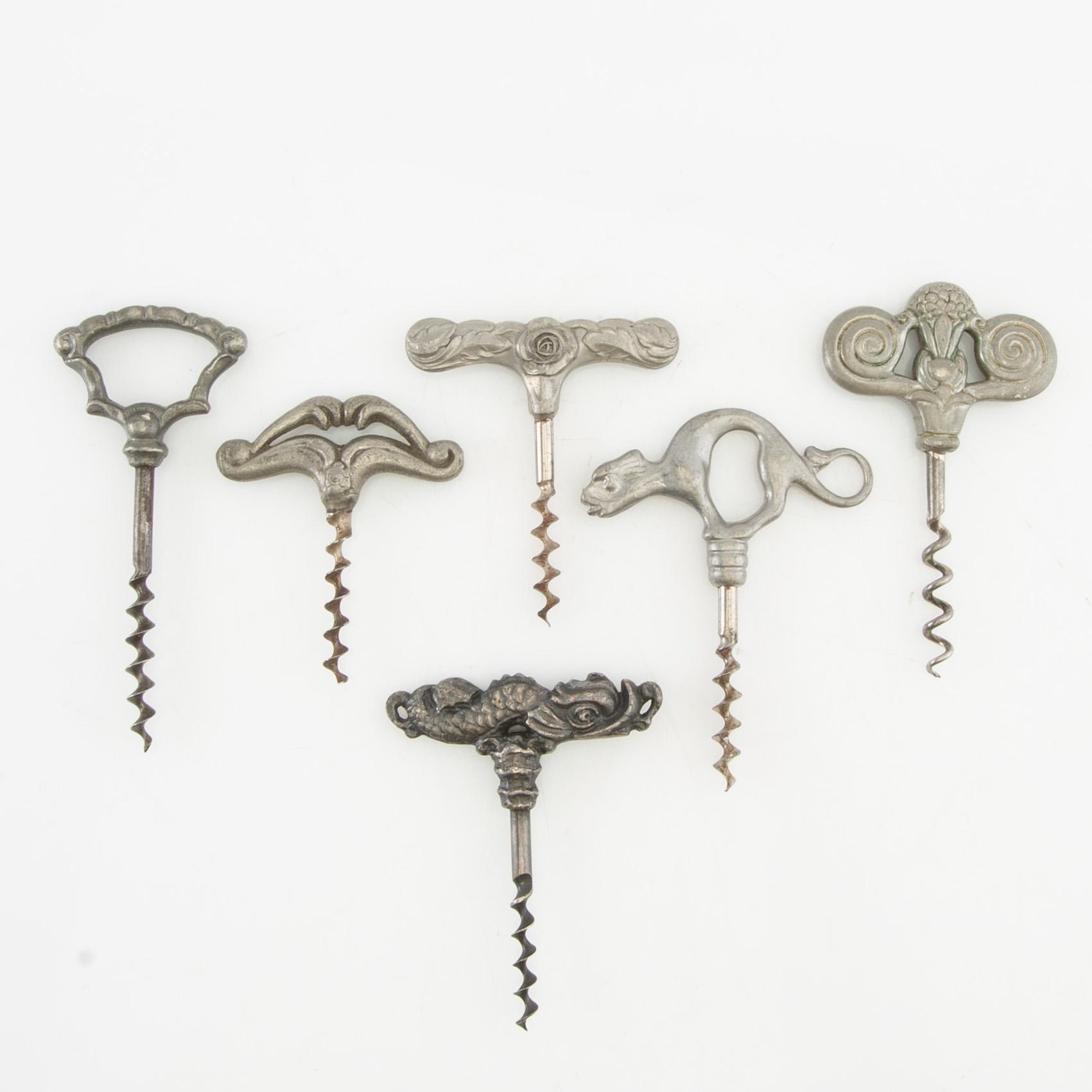 Corkscrews 6 pcs Art Nouveau early 1900s pewter.