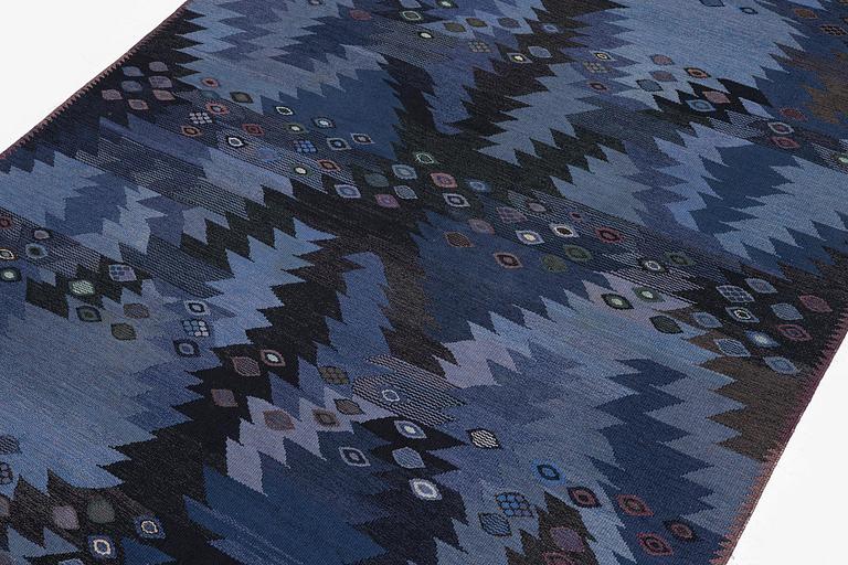 Barbro Nilsson, a carpet, 'Tånga blå', flat weave, c. 300 x 207 cm, signed AB MMF BN.