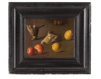 251. Jan Vonck Circle of, Still life with birds and fruits.