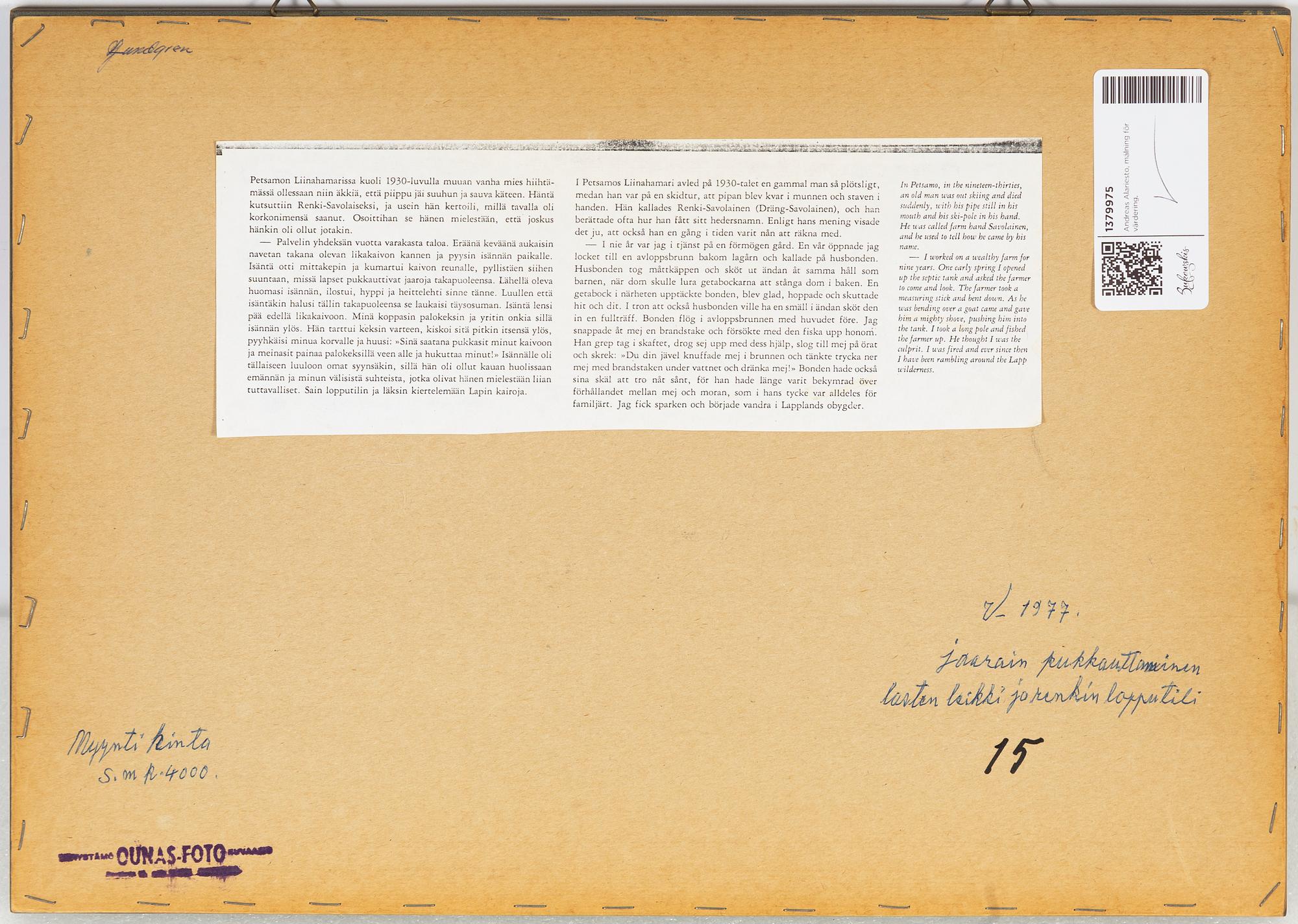 Andreas Alariesto, mixed media on paper on panel, signed.