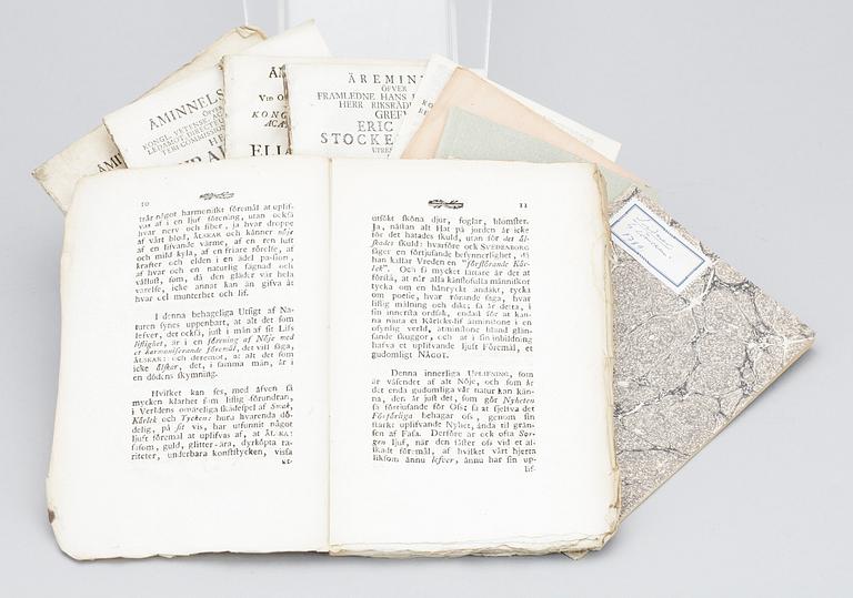 PARTI SMÅSKRIFTER, 9 st, bla "Historiens fortsättning om svenska landtmäteriet och.." av Jacon Faggot. 1750-1818.