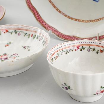 Five 18th century porcelain chinese dishes and one cup and saucer.