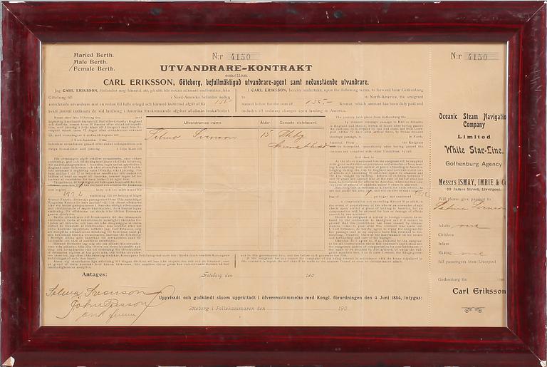 UTVANDRINGSKONTRAKT, White Star-Line, tidigt 1900-tal.