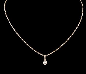 An 18K white gold necklace set with a round brilliant-cut diamond.