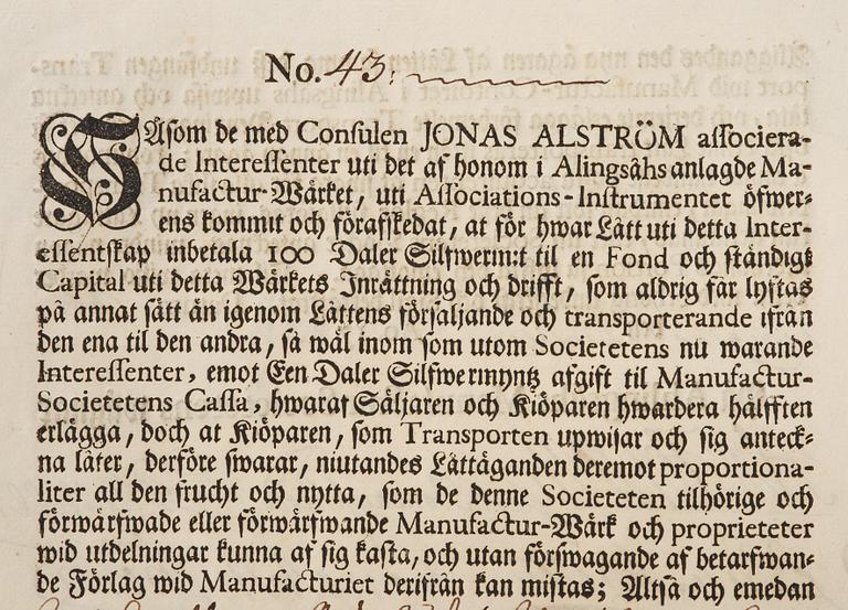 Aktiebrev, Ahlingsåhs Manufaktur Werk (Manufactur-Societet), No 43, 1728.