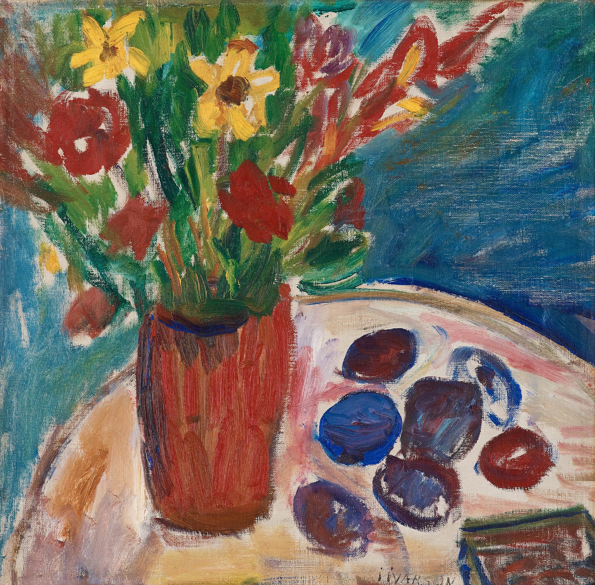 Ivan Ivarson, Stilleben med blommor och plommon.
