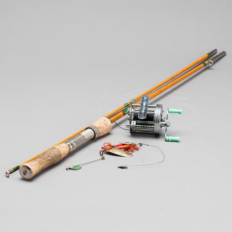 KASTSPÖ "Revn 10" MED SPINNRULLE "RECORD RULLEN" 1900-TALETS MITT.