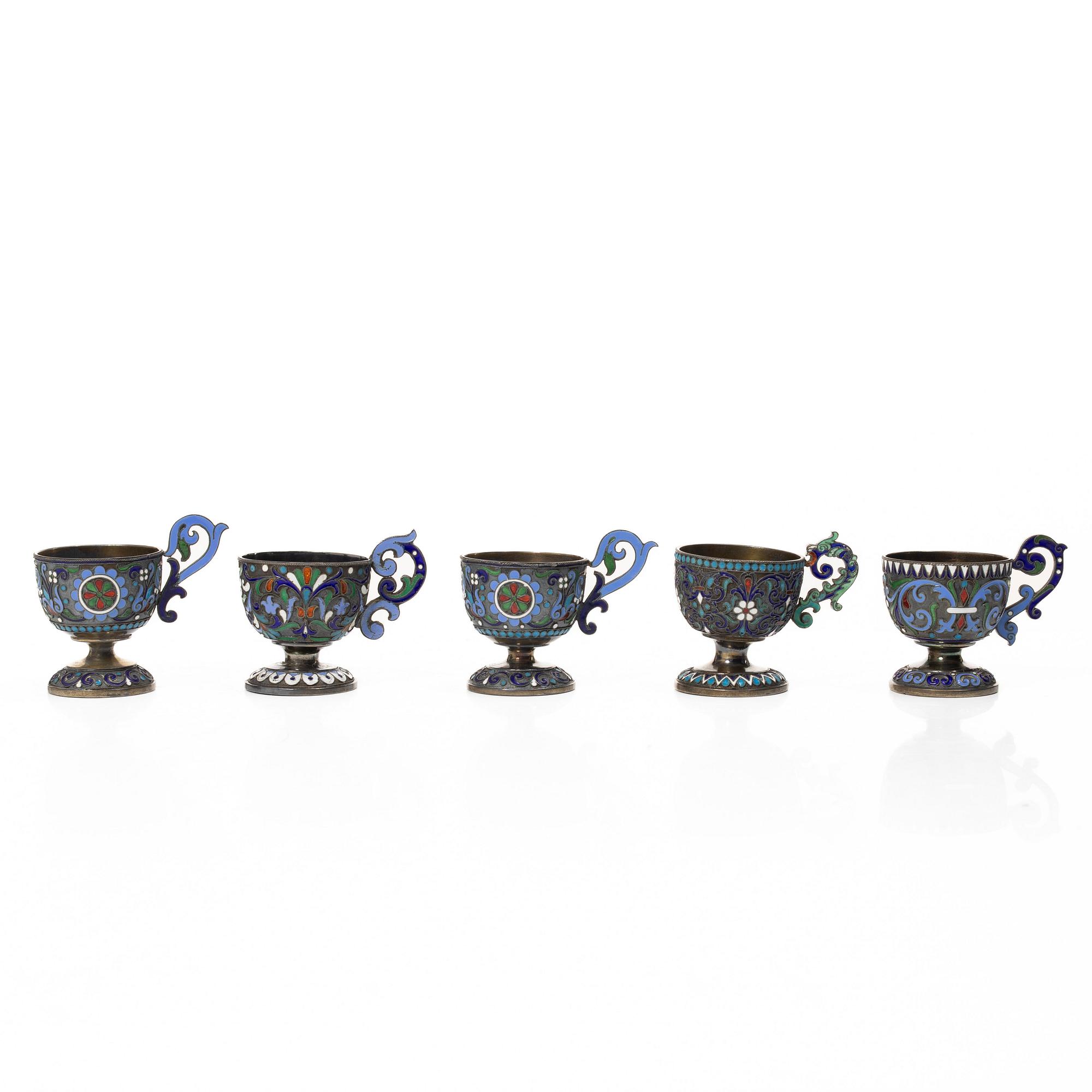 Supkoppar, 5 st, silver och cloisonne, St Petersburg, Ryssland, efter 1882.