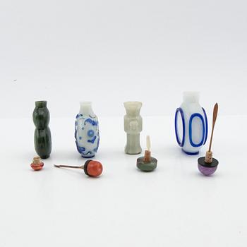 Snuff bottles, four pieces of Peking glass and stone. China, 20th century.