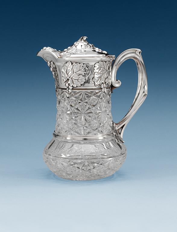 A RUSSIAN SILVER AND CRISTAL PITCHER, makers mark of Bolin, Moscow 1899-1908.