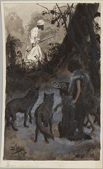 DAVID LJUNGDAHL, illustrationer, 8 st, tusch och täckvitt, signerade D. Ljungdahl. "Den andra djungelboken".