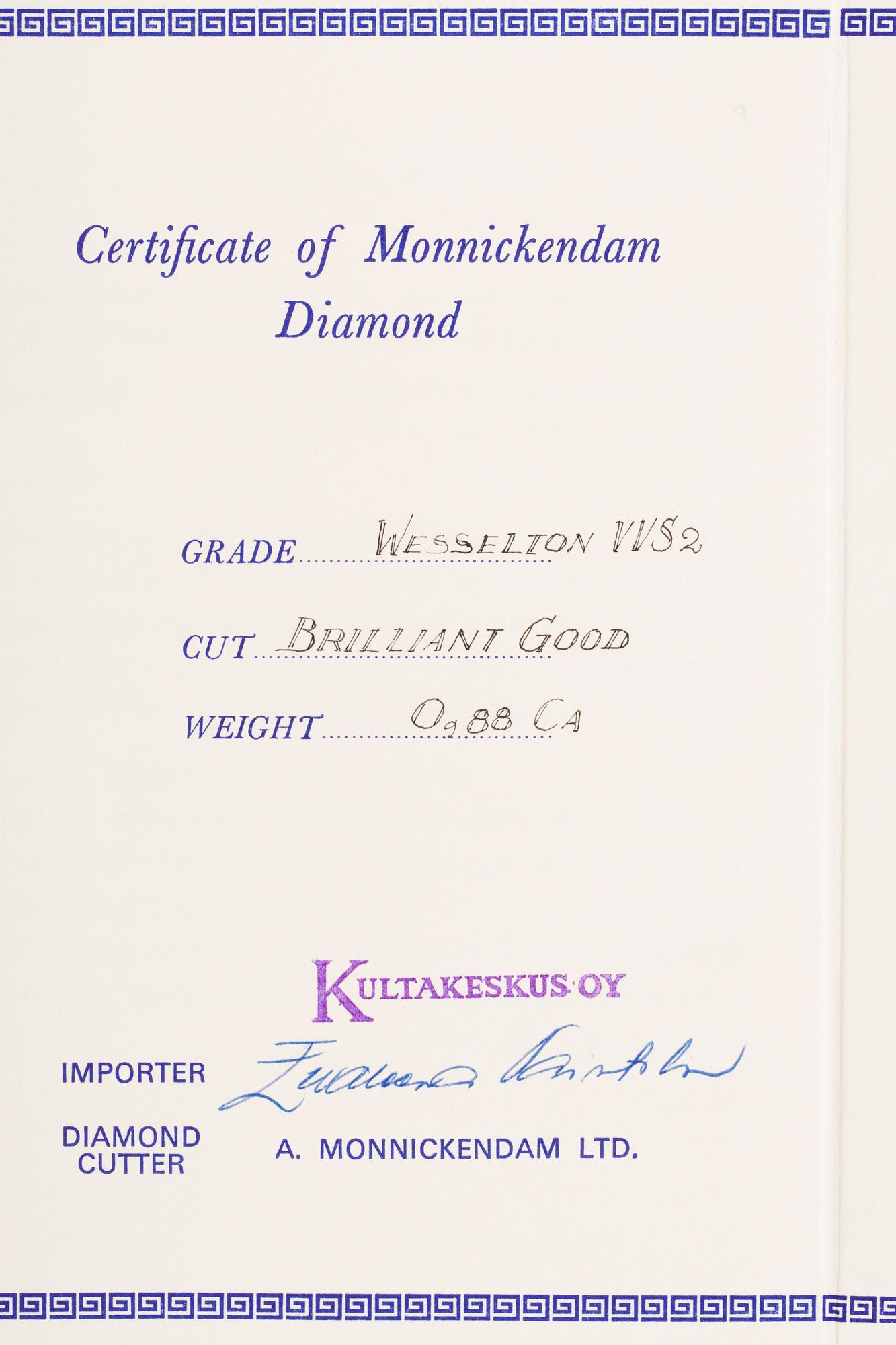 DIAMANT, briljantslipad 0,88 ct H (Wesselton) / VVS2.