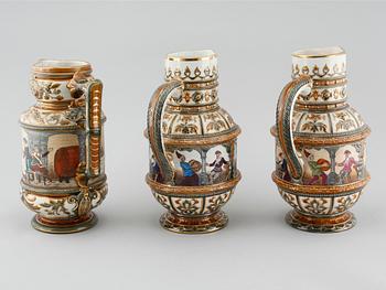 Three majolica jugs from Rörstrand, around the year 1900.