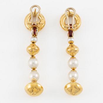 Earrings, a pair, 18K gold, enamel and cultured pearls, Italy.