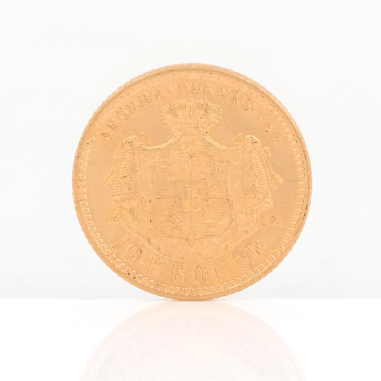 GULDMYNT, 10 kronor, Oscar II av Sverige och Norge 1883. Vikt ca 4,5 gram.