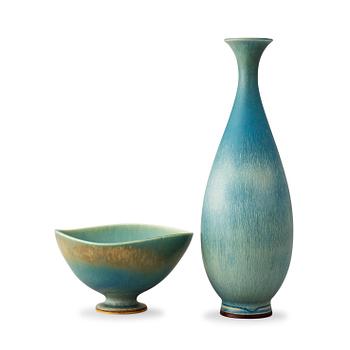 A Berndt Friberg greyish blue stoneware vase and a bowl, Gustavsberg Studio, one dated 1963.