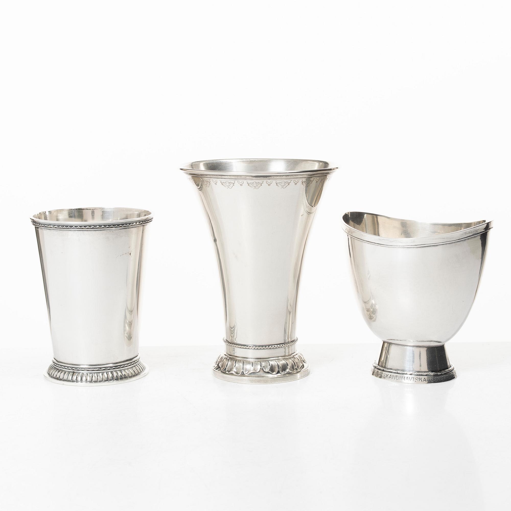 Bägare, 3 st, silver, Stockholm 1920-50-tal.