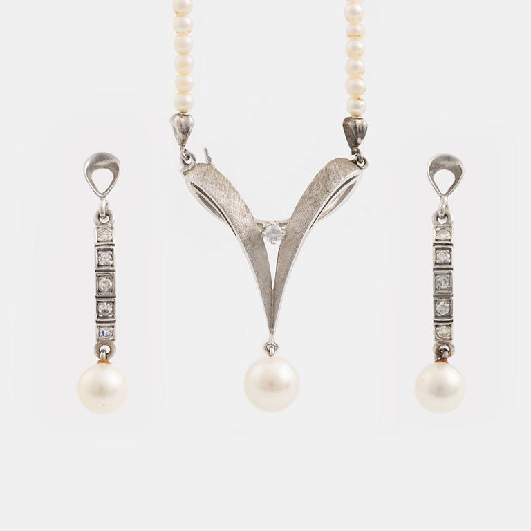 Necklace and earrings, a pair, cultured pearls, white gold, and brilliant- and octagon-cut diamonds.