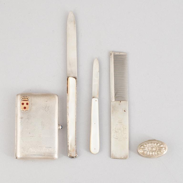 A five-piece collection of silver items with provenance from the von Rosen family, 19th-20th century,