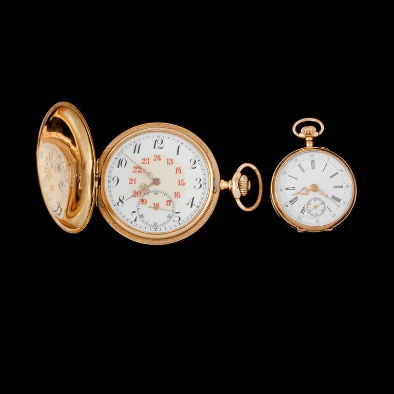 FICKUR, 2 st, 14k guld, 1900-talets första hälft. Total vikt 128 g.