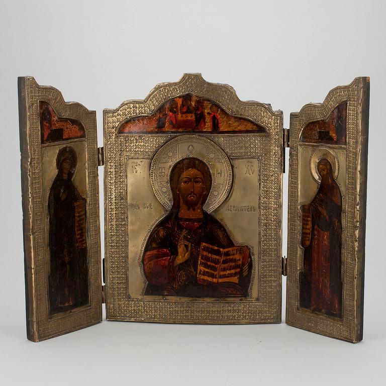 IKON, triptyk, tempera och metall på pannå, Ryssland sent 1800-tal.