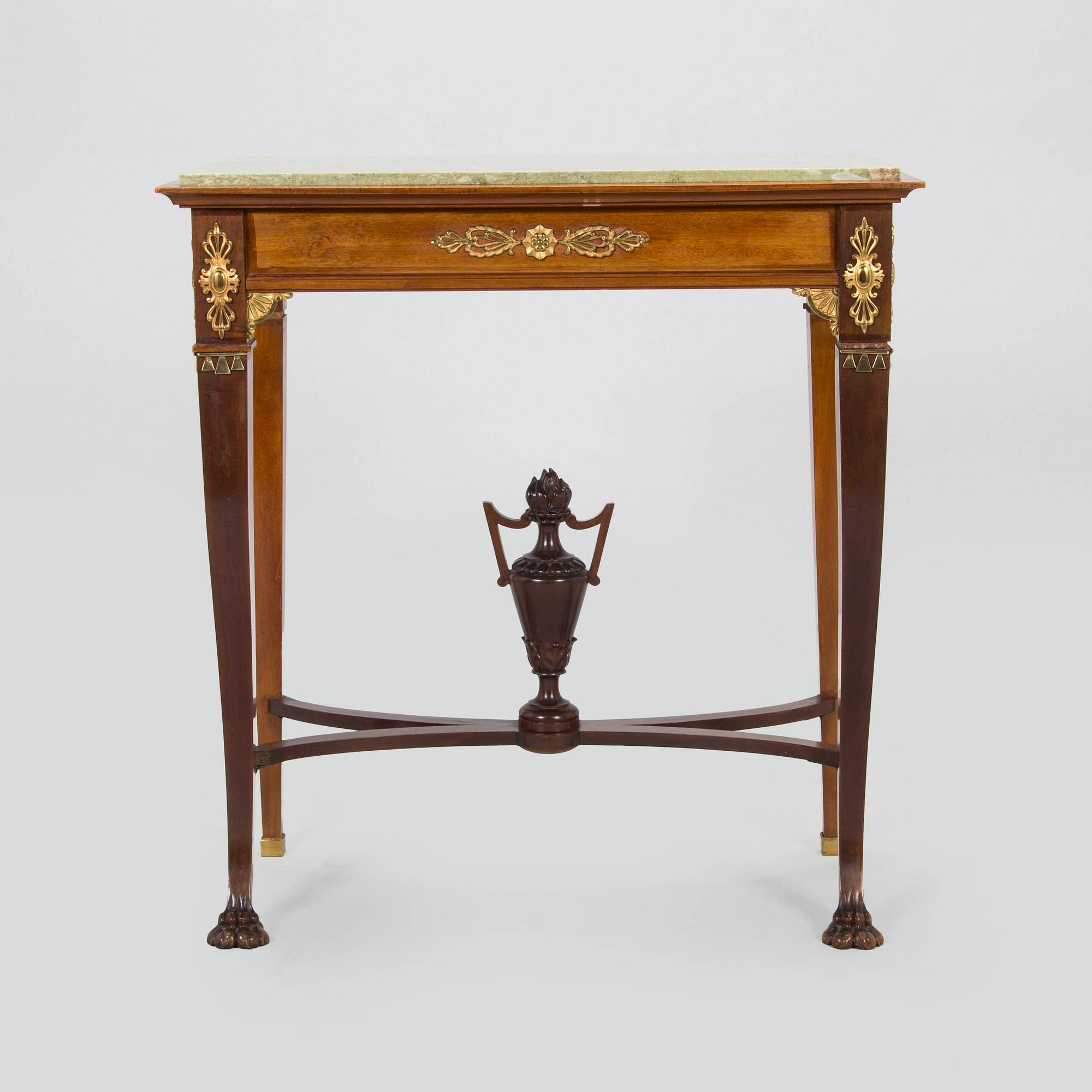 A mahogany console table with green stone top, C.E. Jonsson Möbelfabrik in Stockholm, early 20th century.