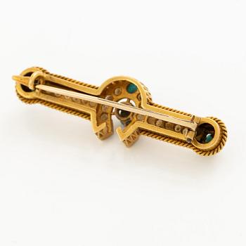 Brosch och ett par örhängen 14K guld med turkoser och pärlor.