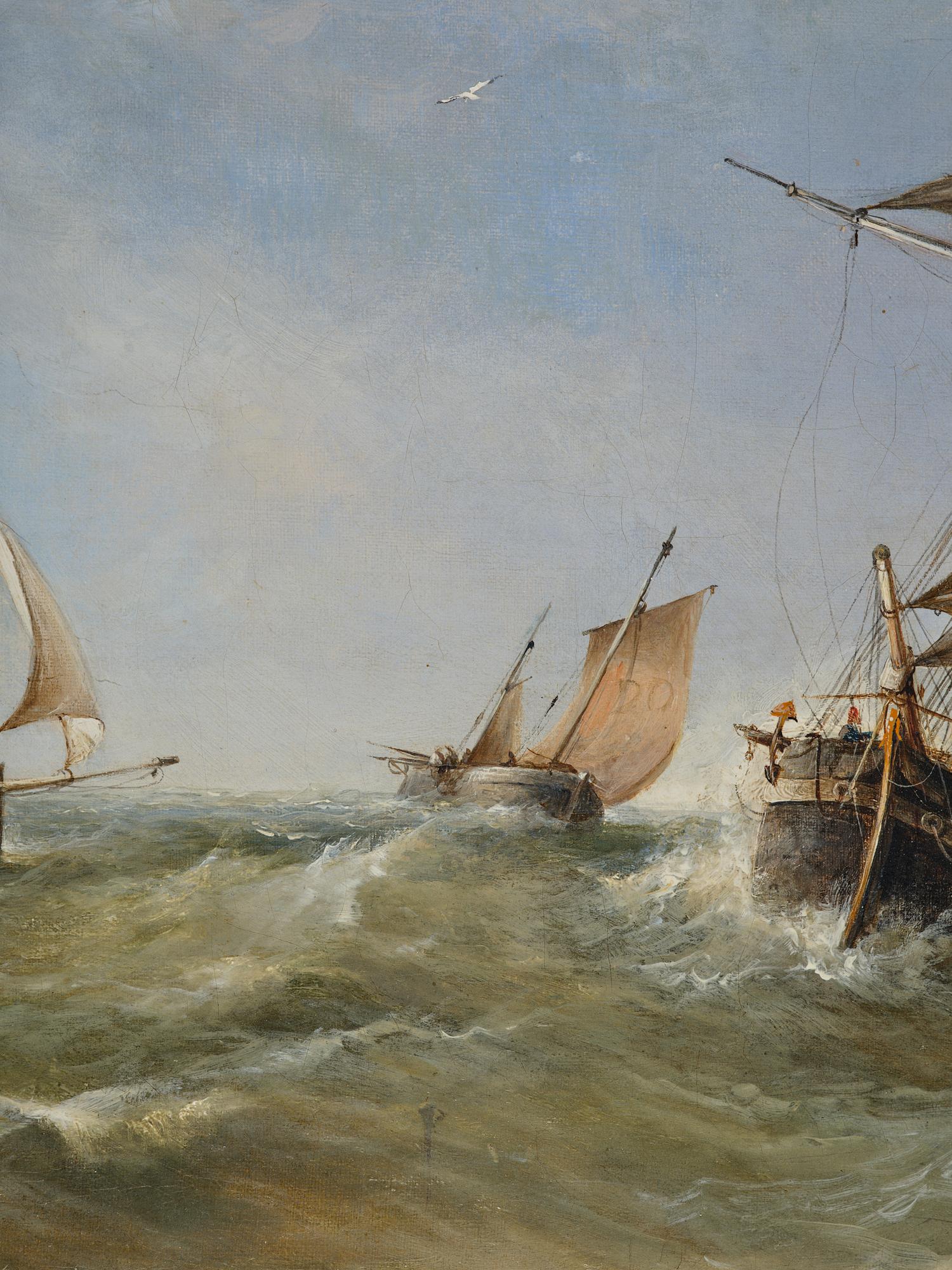 James Edwin Meadows, Sailing boats in rough weather by the coast with a lighthouse.
