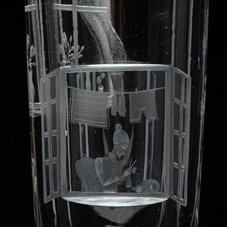 Tapio Wirkkala, a rare engraved "Finestra" glass vase, Iittala, Finland, 1947, model 3220, engraved by Theodor Käppi.