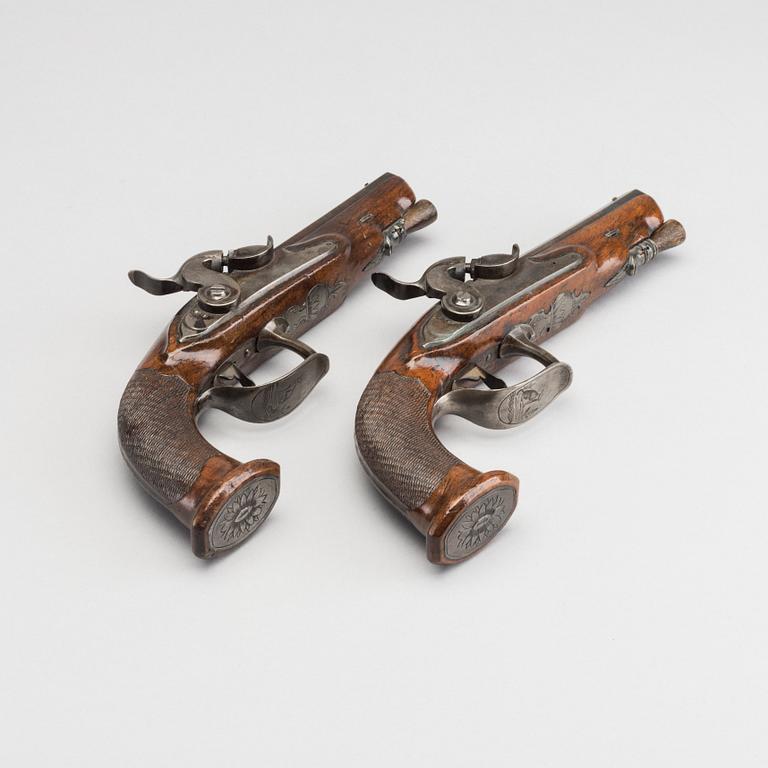 A PAIR OF BELGIAN CAPLOCK PISTOLS, later part of 19th century.