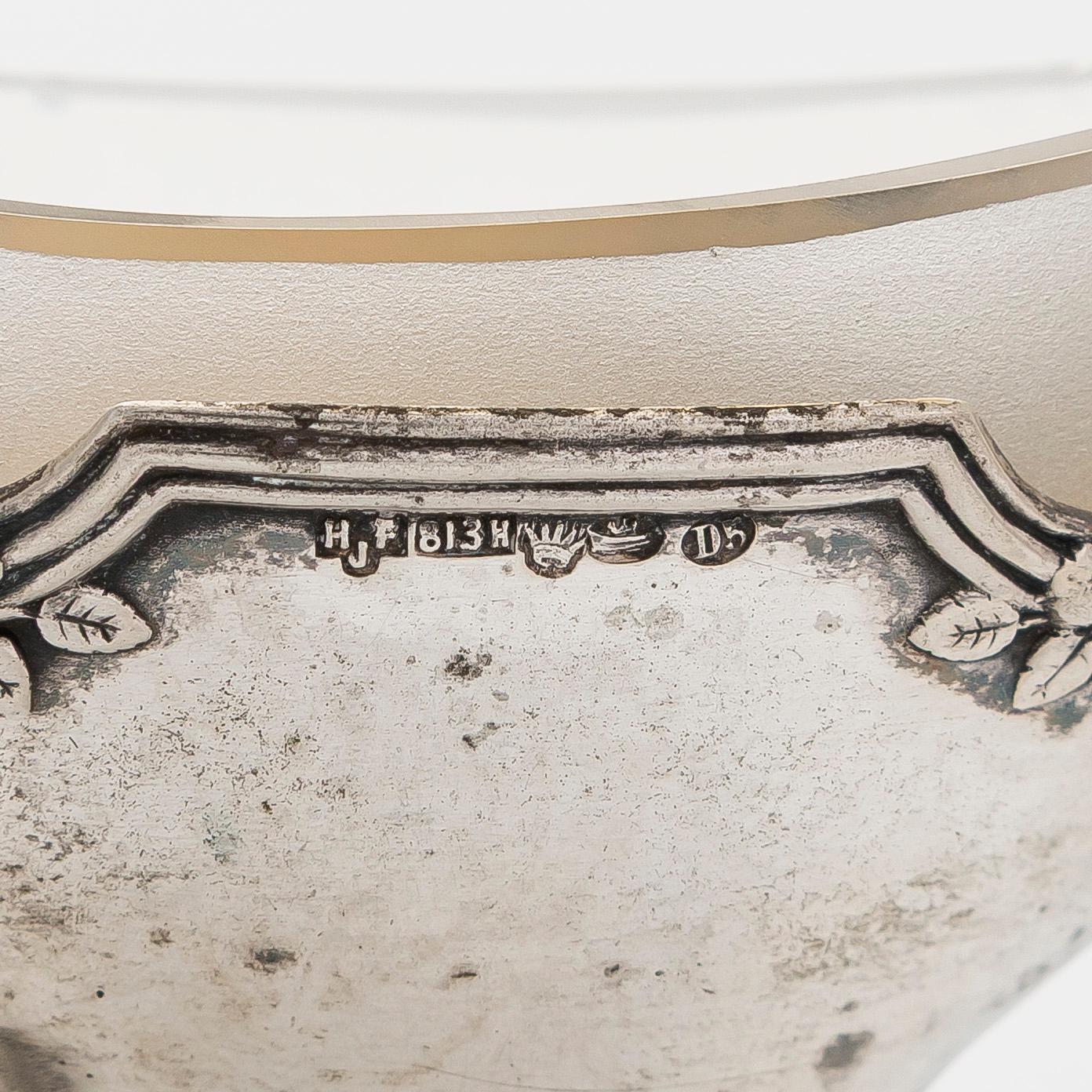 A six-piece silver and glass salt cellar set in original fitted case, maker's mark of Hjalmar Fagerroos, Helsinki 1909.