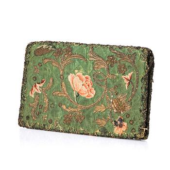 327. A swedish silk wallet, ca  18,5 x 11,5 cm, dated 1777.