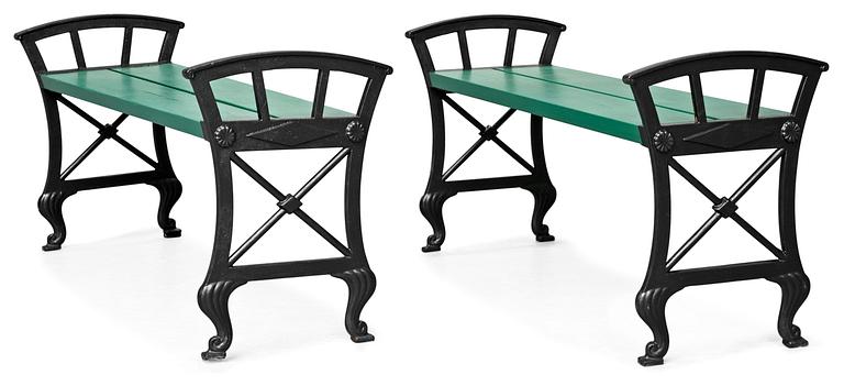 A pair of Folke Bensow cast iron park benches, lacquered in black and green, Näfveqvarns Bruk.
