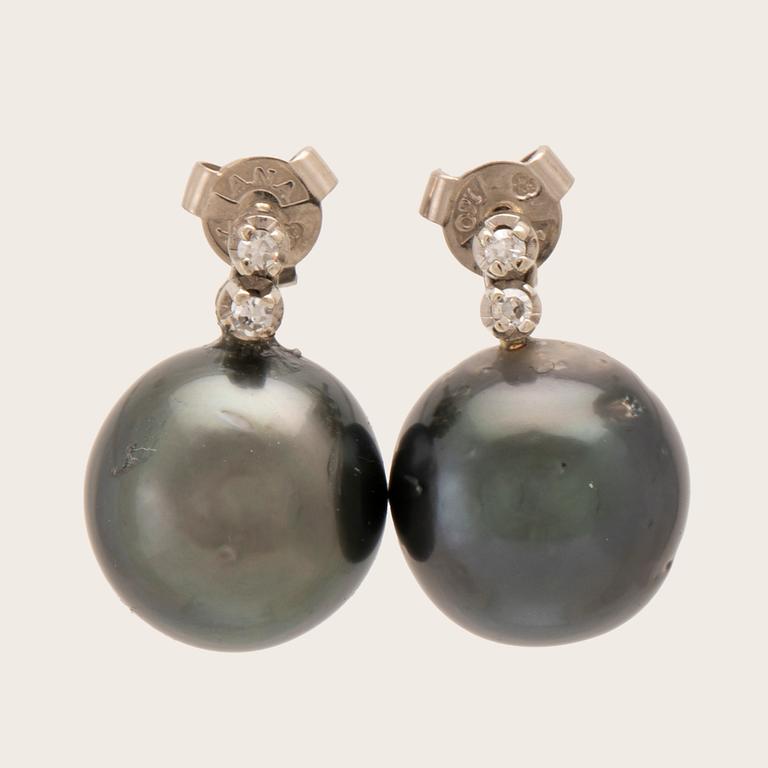 Earrings, a pair of 18K white gold with cultured pearls and round single-cut diamonds.