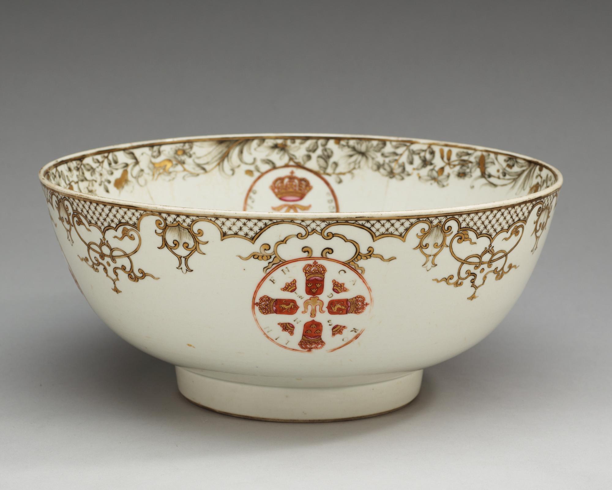 A rare grisaille armorial punch bowl, Qing dynasty, Yongzheng, 1730's.