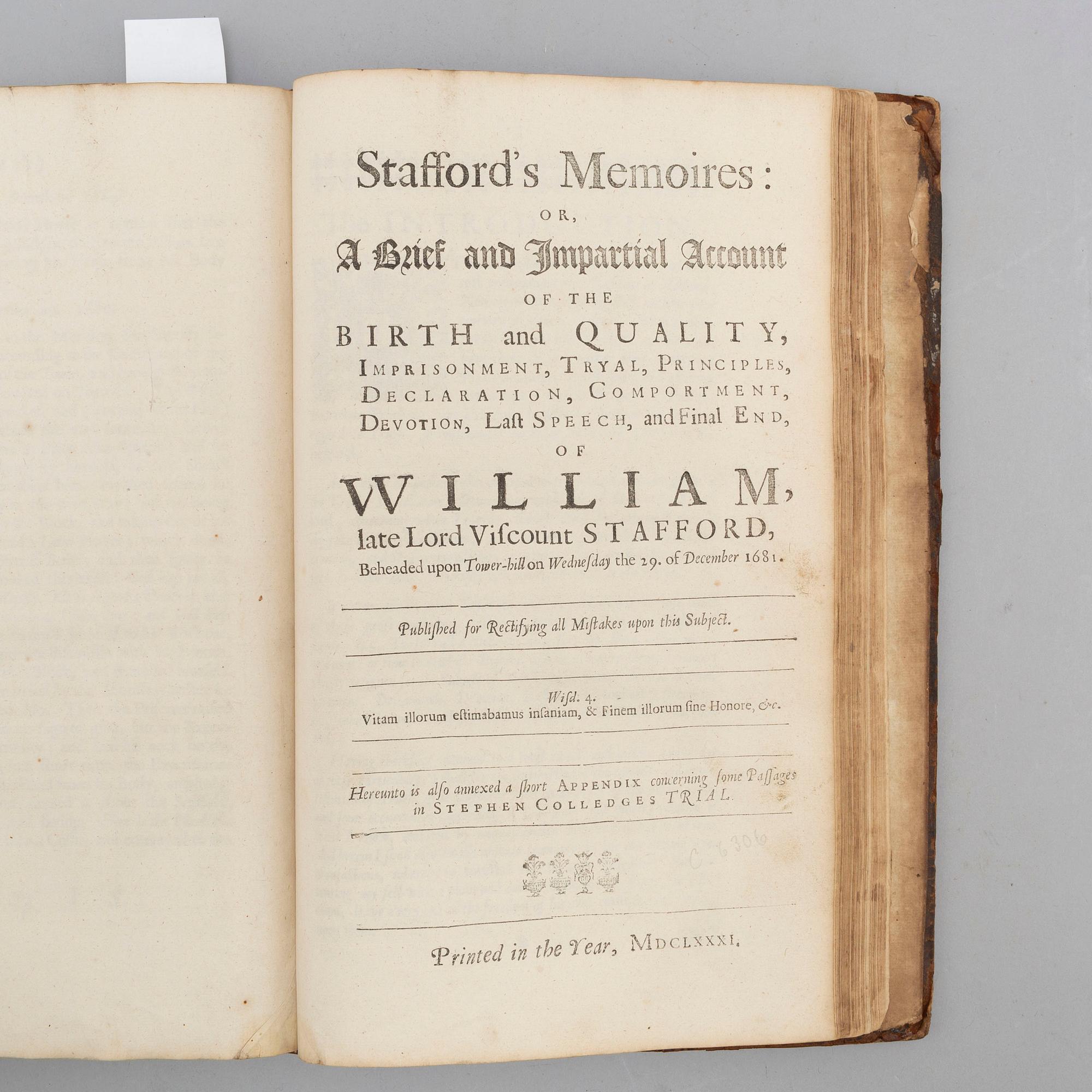 BOOK, Trial and execution of Viscount Stafford 1680 / The Popish Plot.