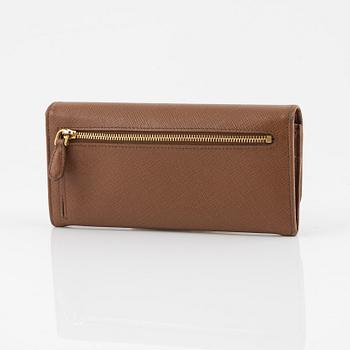 Prada, a brown saffiano wallet.
