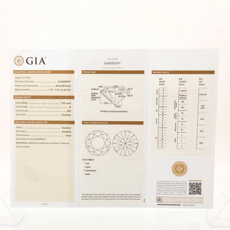 An 18K gold ring set with round brilliant-cut diamonds, GIA report.