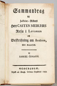 BOK, "Sammandrag af...Casten Niebuhrs Resa i Levanten och Beskrifning om Arabien" av Samuel Ödmann, Stockholm 1787.