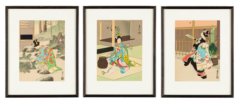 Hasegawa Sadanobu III, färgträsnitt, 3st, Japan, 1900-tal.