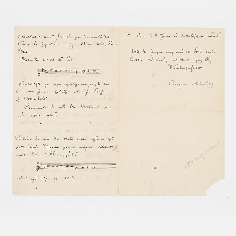 Egenhändigt brev av Strindberg om en liturgisk handskrift m.m., 1881.