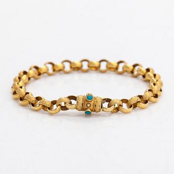 An 18K gold necklace and bracelet, belcher chain with turquoises. Oskar Lindroos, Helsinki 1963.