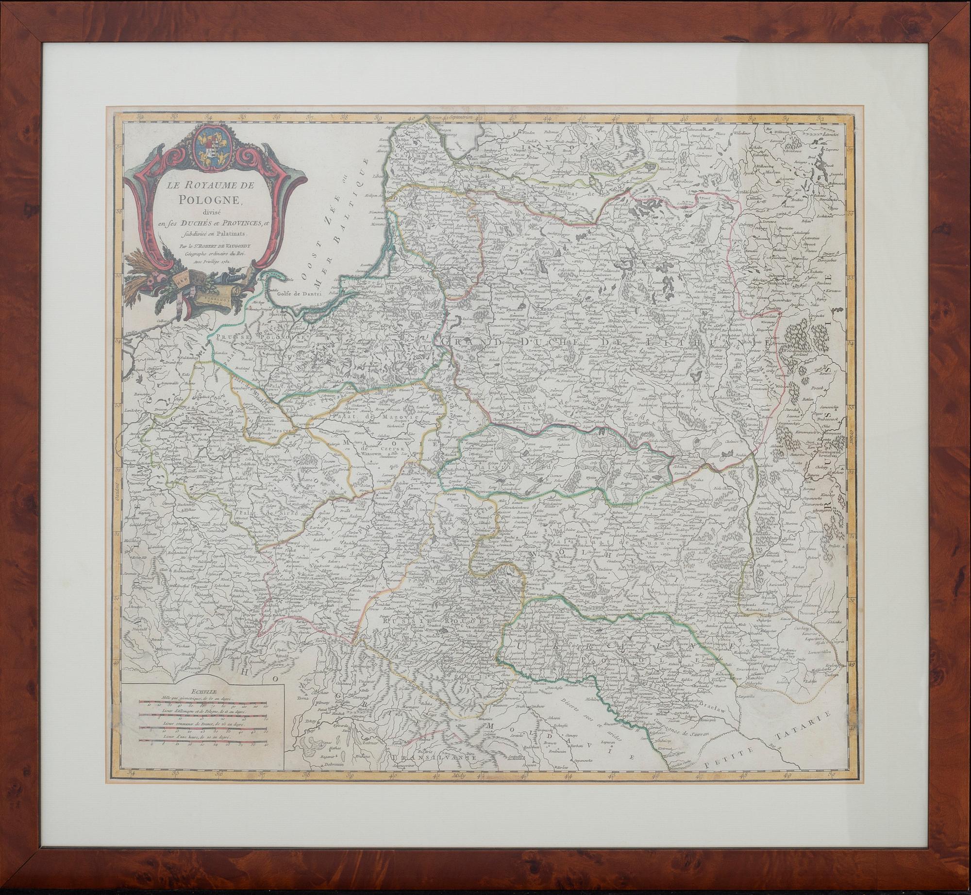 MAP - ROBERT DE VAUGONDY, Poland, hand colored copper engraving, Paris 1752.