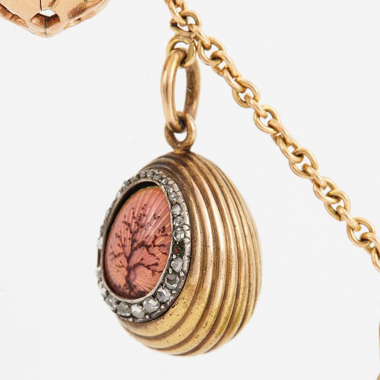 Fabergé, m fl, halskedja med 11 påskägg, guld, emalj, diamanter mm, olika verkmästare, varav 8 S:t Petersburg.