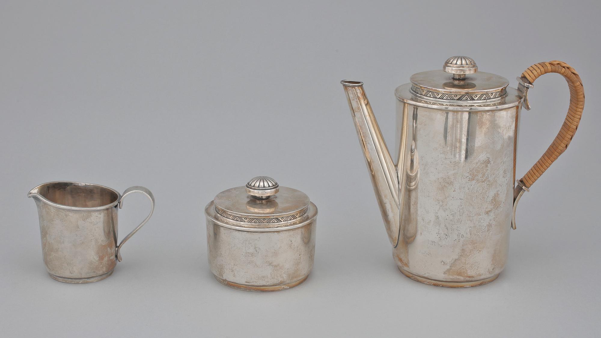 KAFFESERVIS, 3 delar, silver, Carl Fredrik Carlman, Stockholm 1949. Ca 800g.