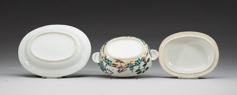 A famille rose 'European Subject' butter tureen with cover and stand, Qing dynasty, Qianlong (1736-95).