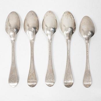 Five Swedish silver tablespoons, Stockholm, 1800–1825.