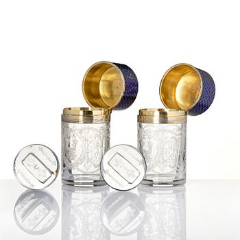 A pair of engraved and glass flacongs with gilt enamelled covers, France/Russia, 19th century.