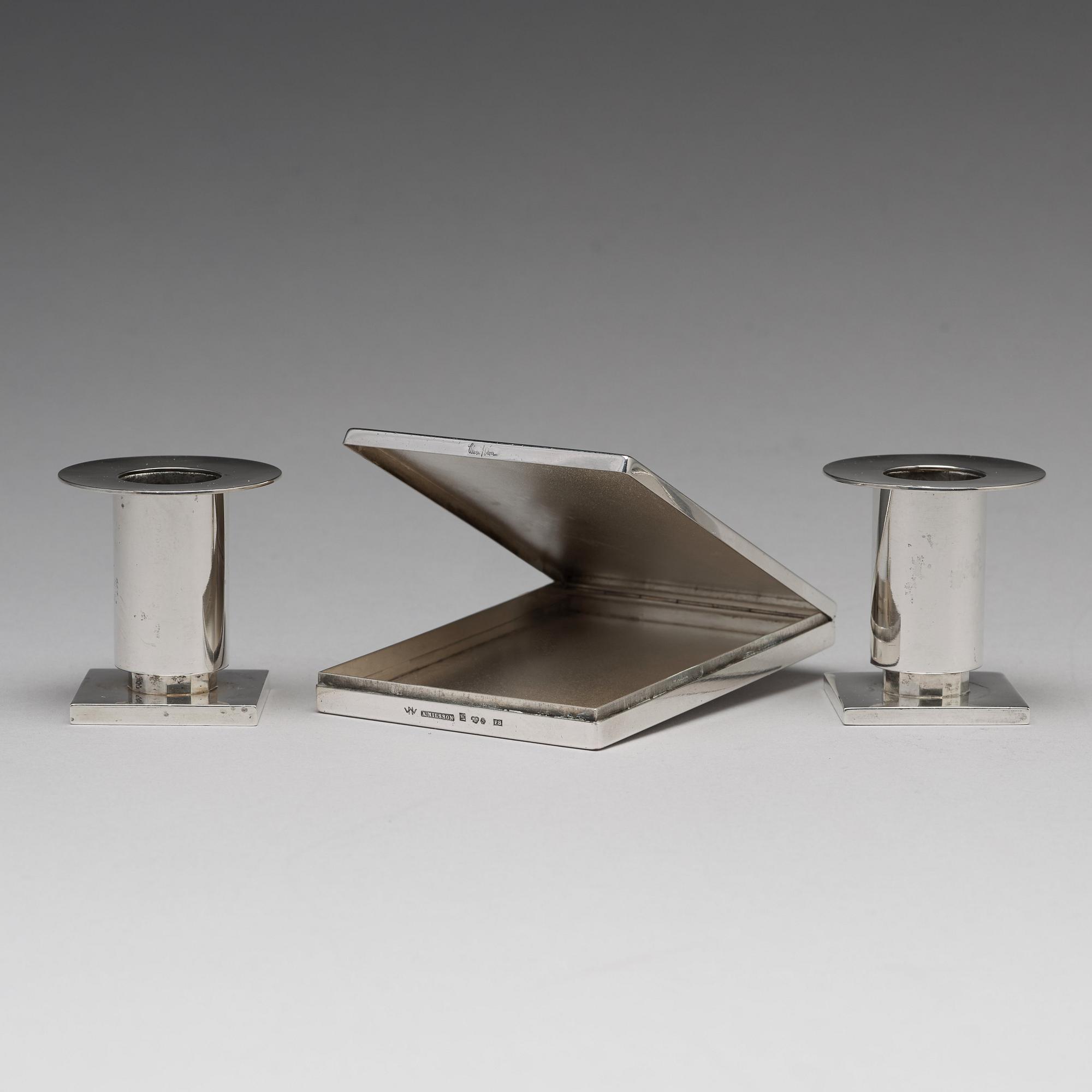 Wiwen Nilsson, a silver set with a pair of candlesticks and a cigarette case, Lund Sweden 1927-38.