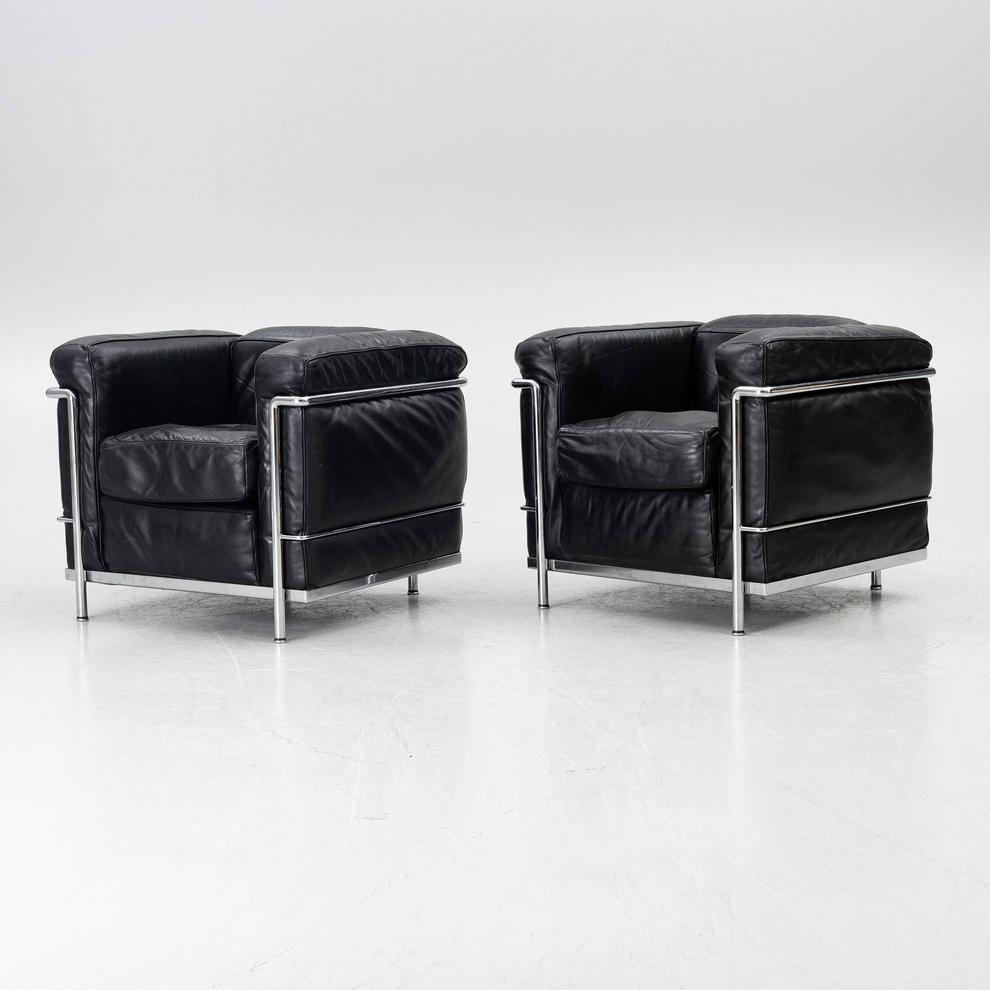 a pair of "LC2" armchairs, Cassina, second half of the 20th century.